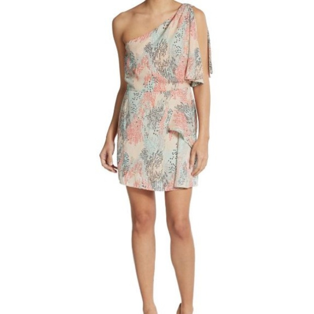 BCBGMaxAzria Mina One-Shoulder Mini Dress in Coral and Blue NWT